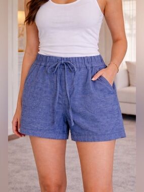 NWT Liz Claiborne Blue Drawstring Linen Cotton Shorts S Coastal Vibe Euro Summer